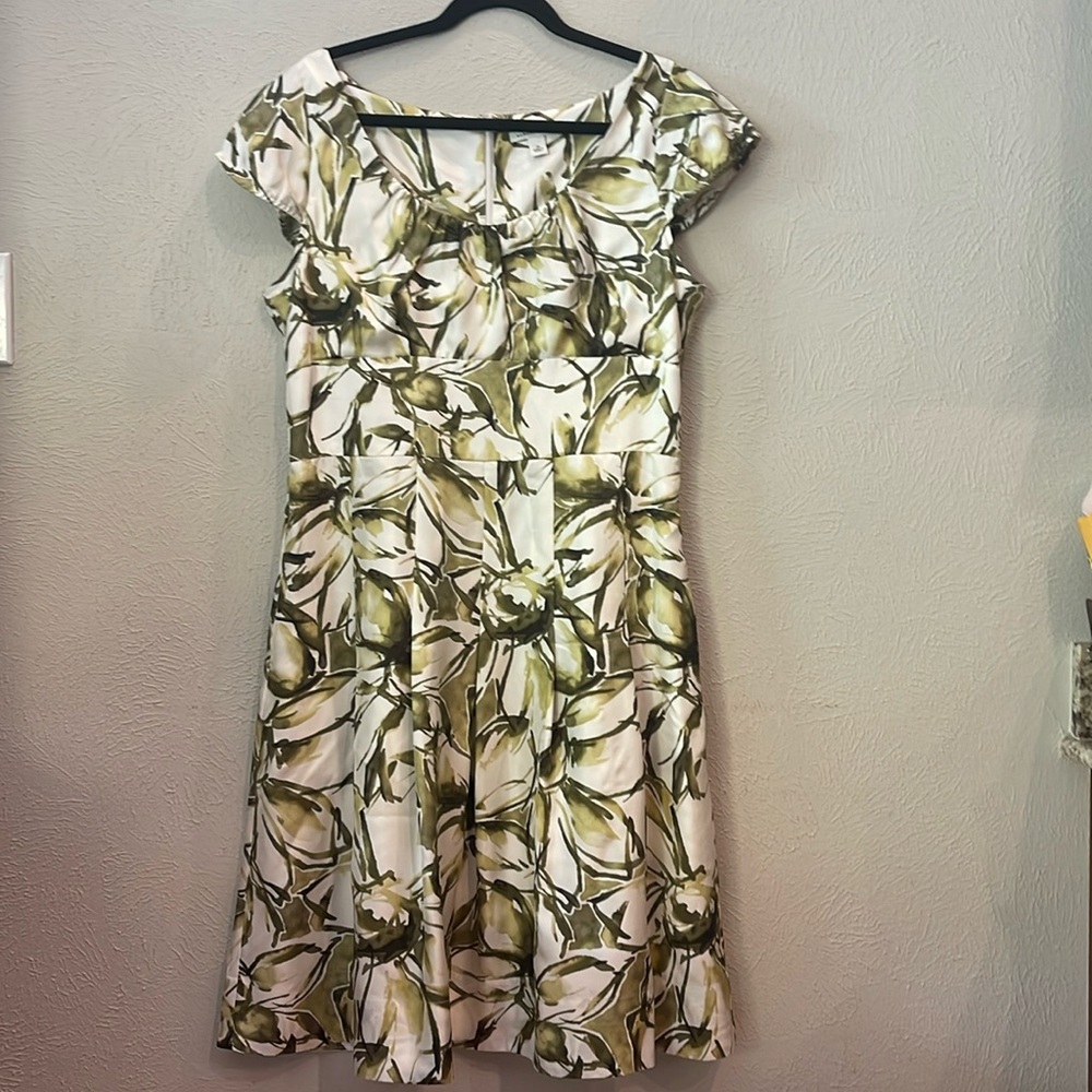 Banana Republic green and cream floral dress. Capped sleeve. Silk. Size 14.